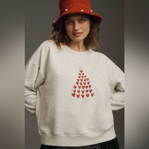 Anthropologie Maeve Kera Till Light Gray Holiday Graphic Sweatshirt Size XL NWT - Picture 1 of 11